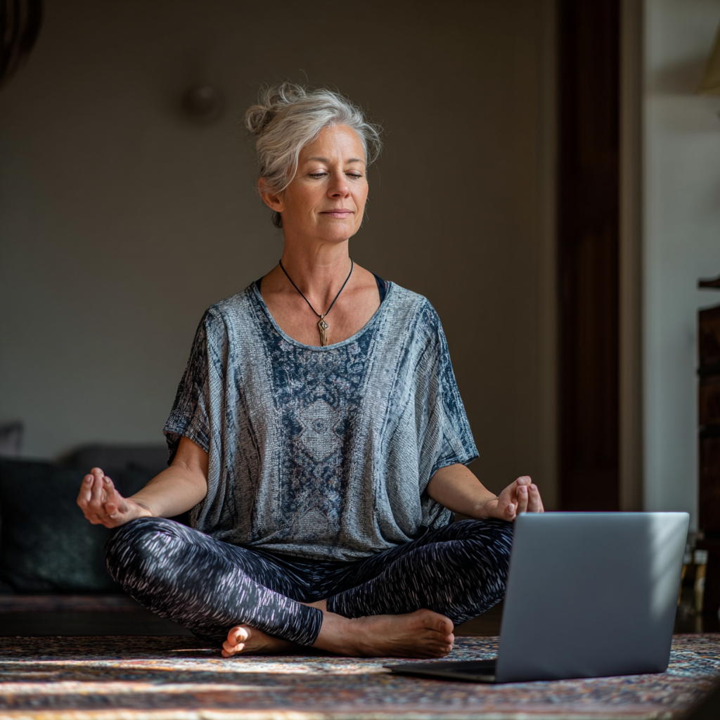 Жінка 52 роки практикує йогу вдома перед ноутбуком під час онлайн-заняття