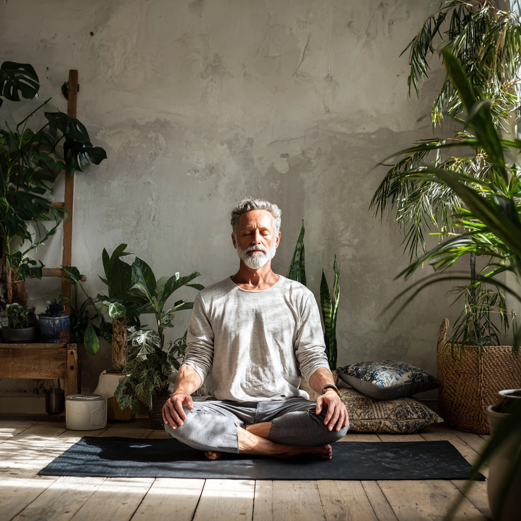 Чоловік 58 років медитує в позі лотоса на килимку в затишному залі йоги з рослинами